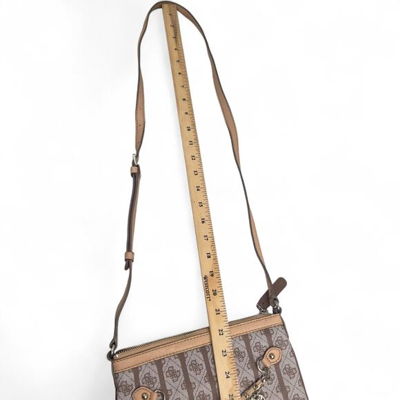 Guess Logo Print Brown Charm Crossbody Purse Vegan Coquette Bling Tan AOP Retro - Picture 11 of 12